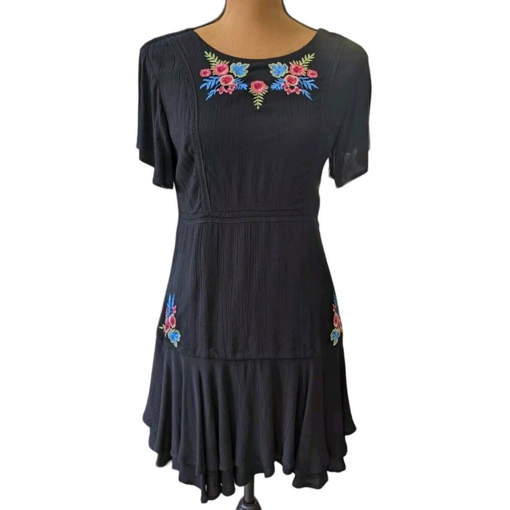 Rahi Cali x Anthropologie S Dress Black Tiered Floral Embroidered Flirty Boho